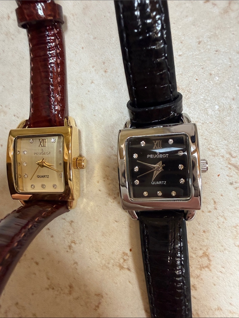 Peugeot Gold and Black Dial Twin-Style Quartz Watches